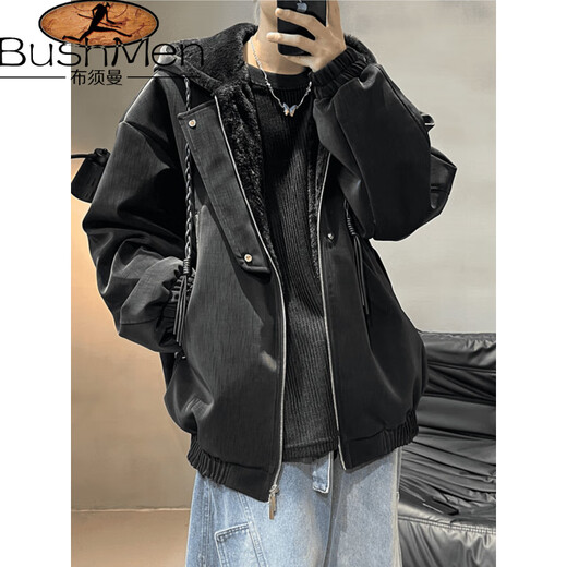 Bushman American PU leather mountain carving jacket men's winter velvet thickened warm and cold-proof cotton coat hooded jacket cotton coat black velvet style upgraded version M