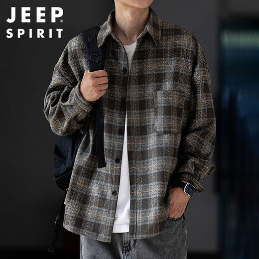 JEEP SPIRIT吉普磨毛加厚格子衬衫男秋冬季工装长袖衬衣休闲外套 深灰色 XL