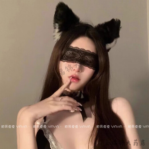 Universal large size 2025 new sexy cat ears bell head (headband + collar) hoop sexy fox hair black lace headband + eye mask + lace collar - three-piece set