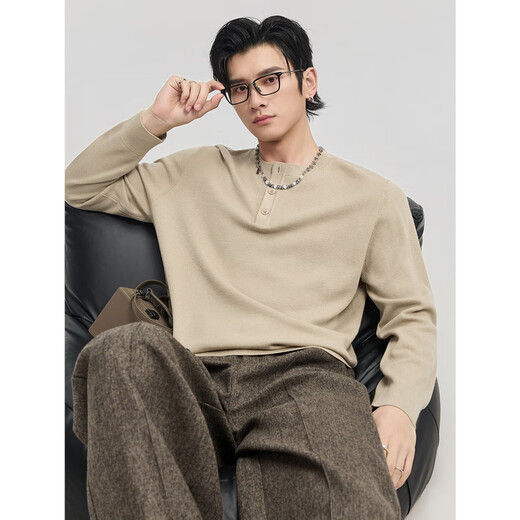Earl Zall 25 Early Winter Henley Collar Pullover Knitted Bottoming Shirt Men's Casual Loose Korean Sweater Clay Color 3XL