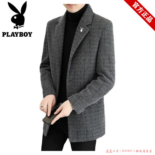Playboy mid-length woolen coat men's winter coat middle-aged new suit collar business casual thickened dad suit black autumn and winter plus velvet 2XL