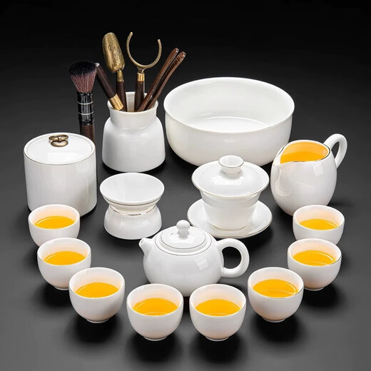 Cute press mutton fat jade white porcelain tea set