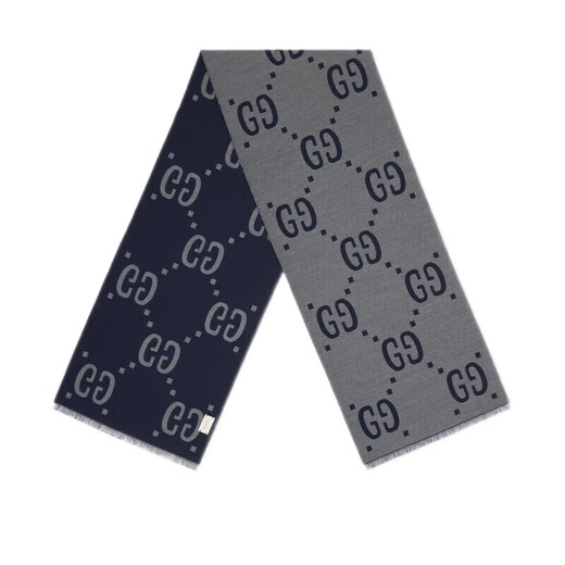 Gucci (GUCCI) scarf double G pattern jacquard wool dark and light color double-sided scarf couple model 190x35cm New Year gift light gray/dark blue 495592 4G350 4063