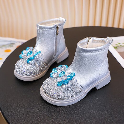 Velvet girls' boots 2025 spring, autumn and winter children's Elsa Princess shoes girls Martin boots crystal short leather boots winter blue size 28 inner length 17 cm