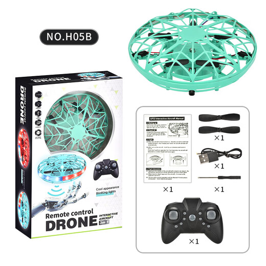 Neues intelligentes UFO-Flugzeug mit fliegender Untertasse, Induktionsflugzeug mit Gestenaufhängung, vierachsiges Drohnen-Kinderspielzeugflugzeug, cyanfarbenes UFO – Fernbedienung (kaltes Licht)