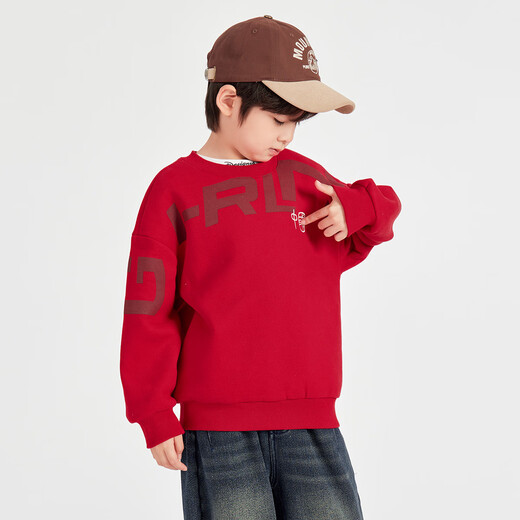 Many boys' national trend plus velvet red sweatshirt New Year's clothing autumn and winter casual sports tops for older children