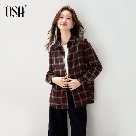 Osha retro contrasting plaid shirt women's winter new style slim brushed long-sleeved shirt top Angora Red XL