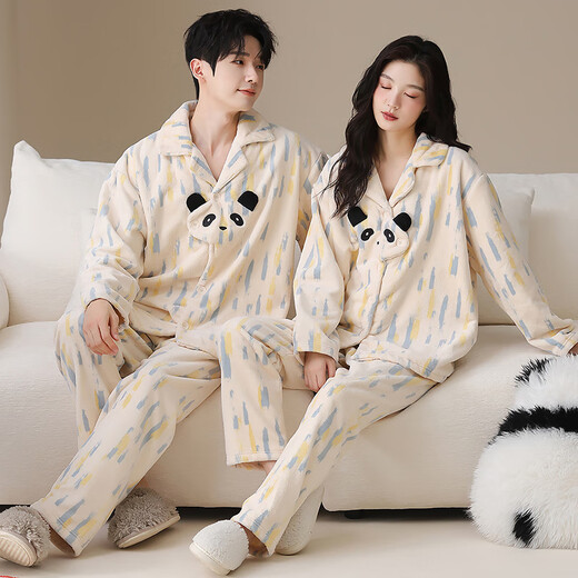 LangSha coral velvet couple pajamas for men and women in autumn and winter plus velvet thickened warm flannel cute cartoon home clothes cartoon bear women's L