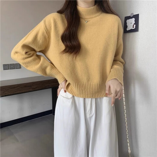 ANGEL MOOD French short sweater for women in autumn and winter for small people, thickened inner layer, soft and waxy semi-turtle collar pullover sweater for women, apricot L, recommended 100-110 Jin Jin equals 0.5 kg
