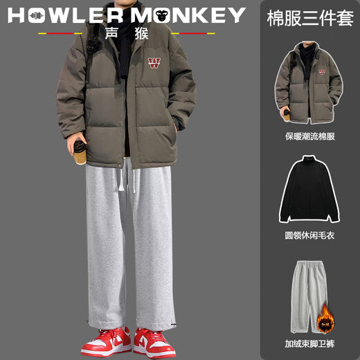 Sound Monkey Winter Thickened Cotton Warm Jacket Casual Loose Trendy Brand Boys Cotton Jacket Plus Velvet Pants Handsome Fashion Suit Dark Gray Jacket + Black Turtleneck Sweater + Black Velvet Leggings XL