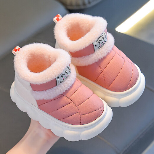 Winter children's bag-heeled cotton shoes for boys and girls, warm plus velvet PU leather waterproof thick-soled outer wear parent-child home shoes, upgraded version of environmentally friendly material blue, size 12 32/33 (shoe inner length 19CM, suitable for feet 18