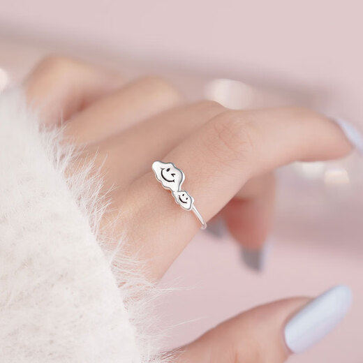 Lao Fengxiang S999 Full Silver Cloud Smiley Face Ring for Women, Versatile, Cute, Sweet and Exquisite Niche Design Ring Cloud Smiley Face Ring---Silver Opening Adjustable