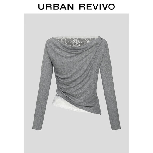 UR2026 spring new women's holiday pleated stitching lace one-shoulder long-sleeved T-shirt UWJ450159 floral gray (fabric slightly see-through) S