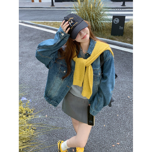 La Chapelle blue washed denim jacket for women 2025 autumn new fashion age-reducing design loose casual versatile jacket blue S 105Jin Jin is equal to 0.5 kg within