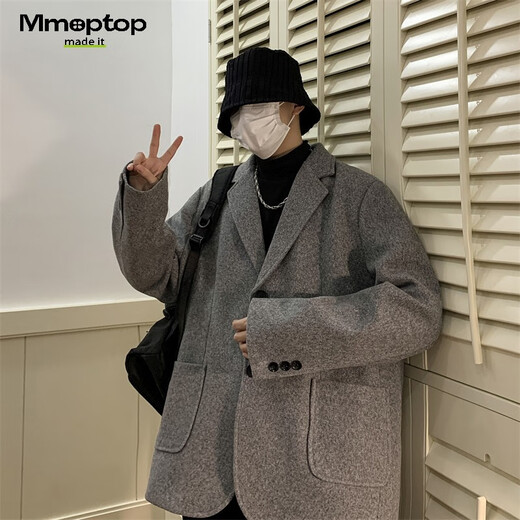 MMOPTOP short suit loose woolen coat men's winter coat Korean style loose thickened MDY01 gray XL