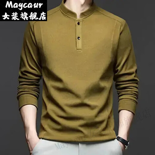 Maycaur cotton industry autumn and winter double-sided German velvet bottoming shirt men's Henry collar trendy versatile long-sleeved T-shirt stand-up collar sweatshirt gray 4XL