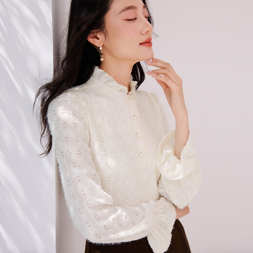 Xiangying French stand-up collar shirt women's long-sleeved 2025 winter new style fungus edge stitching velvet feeling right shoulder shirt top Lubai S 155/80A/85-95Jin Jin is equal to 0.5 kg