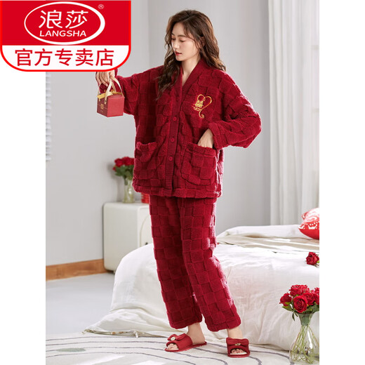 LangSha wedding couple pajamas autumn and winter style coral velvet thickened female bride bright red flannel newlywed men's home wear HMF-7815 M female M + male L