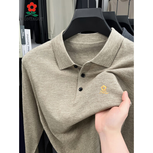 MONTAGUT autumn and winter cashmere sweater for middle-aged men, dad lapel long-sleeved knitted bottoming Polo shirt T-shirt medium gray M 165 recommended 100-120 Jin Jin equals 0.5 kg