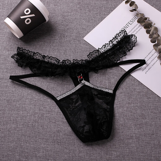 He Jiagong men's lace transparent thong transvestite gay sexy breathable low-waist elastic T underwear single butt underwear pink one size fits all _80-140Jin Jin equals 0.5 kg