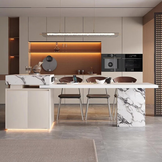 Shanghuashi island dining table integrated modern simple light luxury retractable dining table small apartment living room home dining table and chairs complete set 1.6 meters total length 1.95 (total length after telescopic 2.4 meters) hanging rock plate + slide rail socket (induction cooker model)