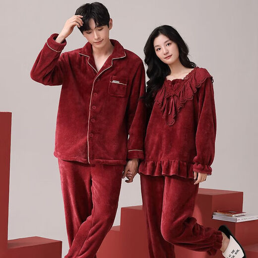 Victoria style wedding couple pajamas winter coral velvet warm red zodiac year newlywed men and women home wear outer suit CY9950 M female + male L