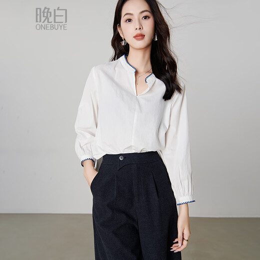 Late White New Product 2025 Autumn Style Top V-neck Fashion Versatile Light Workplace Cotton Shirt Women White M