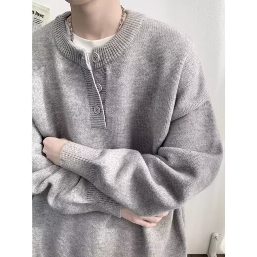 Phoenix Henley Collar Sweater Men's Autumn and Winter Machine Washable Sweater Lazy Neutral Inner Style Knitwear Men Light Gray XL