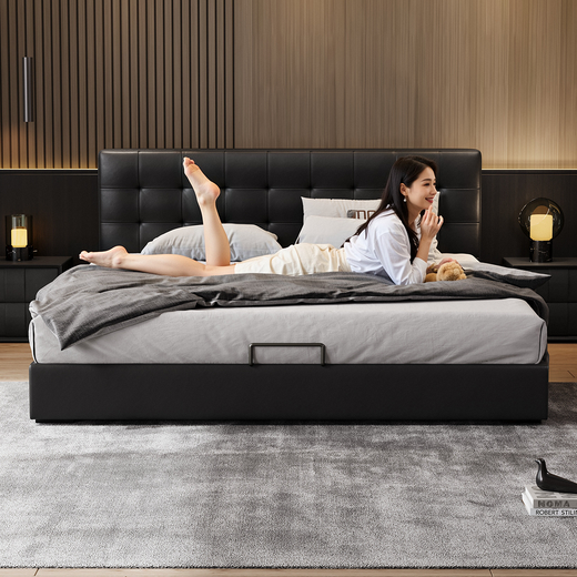 Jiang Chen minimalist black waffle leather master bedroom king bed double wedding bed ultra-thin bedside Italian style light luxury style storage bed bed + spine knitted coconut palm mattress + cabinet *1 1.8*2m frame structure/15cm steel wood lattice frame