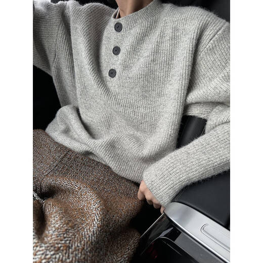 Autumn and winter retro lazy old money style heavyweight thickened loose outer wear and inner Henry collar sweater sweater men's trend gray M _100Jin Jin is equal to within 0.5 kg