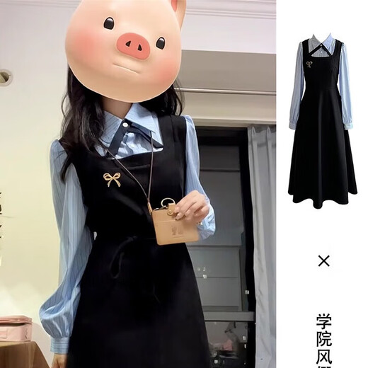Lu Geli college style long-sleeved dress for women spring and autumn black outfit fake two-piece Korean style college style dress XL recommended 115-125 Jin Jin equals 0.5 kg