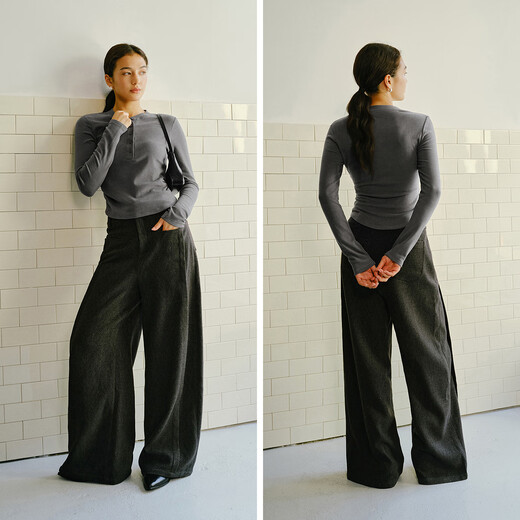 Semir long-sleeved T-shirt women's short heated fleece fake two-piece 2025 winter Henry collar tight clothes 109725101003