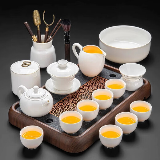 Cute press mutton fat jade white porcelain tea set