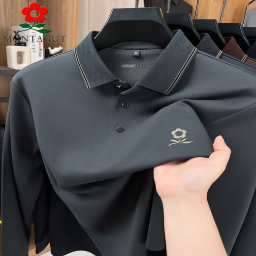 MONTAGUT high-end mulberry silk long-sleeved t-shirt men's lapel 2025 autumn new business casual solid color polo shirt upper green 2XL 54 150-170Jin Jin equals 0.5 kg