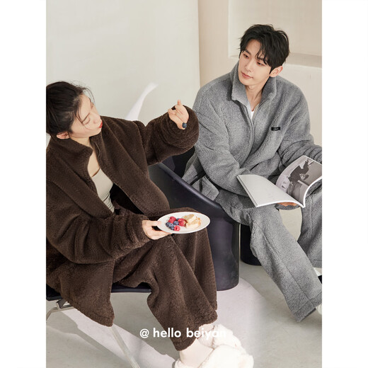Beiyan lamb velvet couple pajamas for men and women in autumn and winter thickened warm coral velvet home clothes high collar zipper cardigan set F60548 women's L