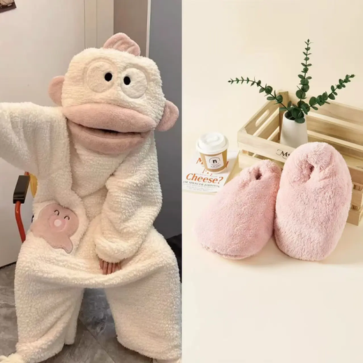 Ugly Fish Pajamas Thickened Hooded Large Size Funny One-piece Pajamas for Women and Men Autumn and Winter Thickened Warm Couple Home Clothes Ugly Fish One-piece with Shoes XL 170-182cm (High Quality)