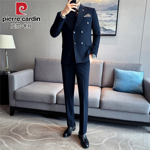 Pierre Cardin beaded lapel collar dark striped double-breasted suit men's suit business formal decoration height quality suit three-piece black (single suit) free tie XL (125-140Jin Jin equals 0.5 kg)