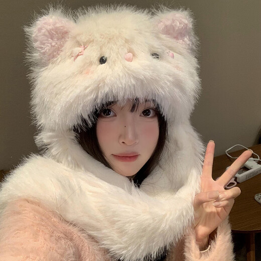 Qumuye cat plush hat winter high-looking plus velvet thickened cute warm outdoor ear protection furry hat cute cream kitten hat scarf all in one