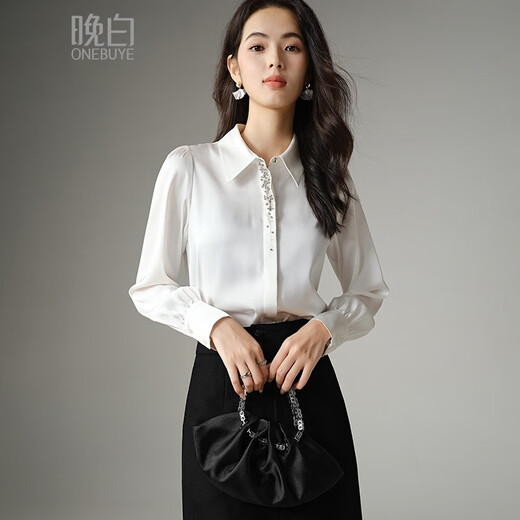Late White New Product 2025 Autumn Premium Beaded White Shirt Elegant Commuting Shirt Women's Top White XL