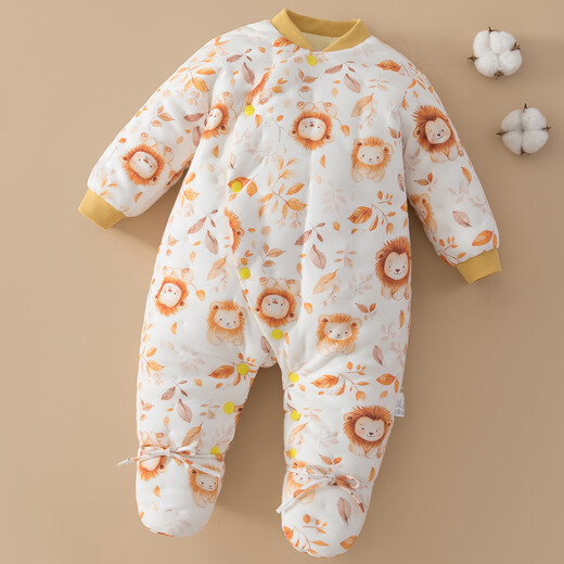 Mianguduo infant and toddler foot-covered jumpsuit, pure cotton handmade cotton clothing, newborn romper, winter thickened baby foot-covered jumpsuit, lion leaf 80cm (suitable for 10-14 months)