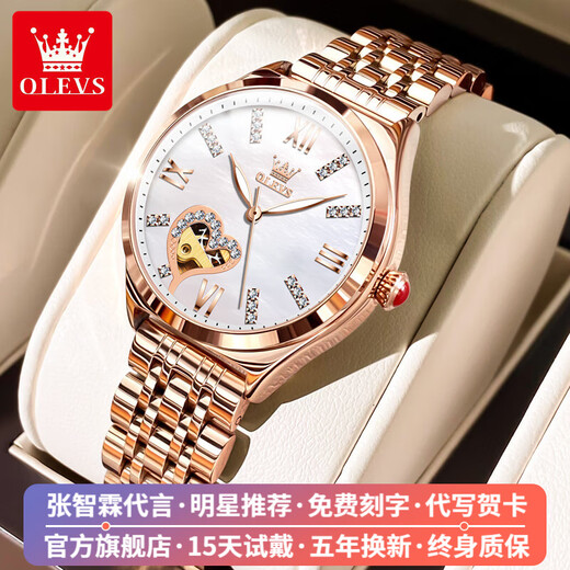 欧利时（OLEVS）瑞士认证品牌手表女机械表全自动简约气质女士手表夜光防水女表 欧利时-6636-钢带玫壳白面