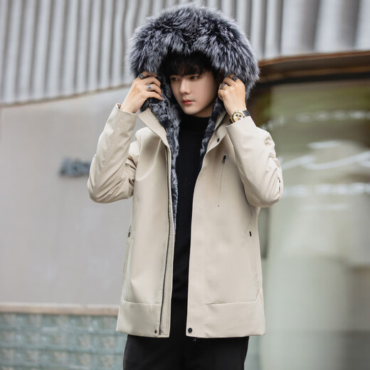 Falling party overcomes men's new set of rabbit fur lining with removable fur all-in-one winter coat mid-length 9819 gray mid-length 2XL