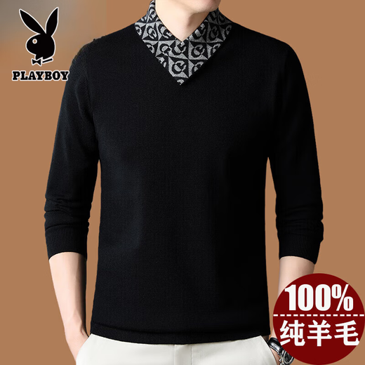 Playboy high-end men's wool sweater 100% wool 2025 new V-neck sweater autumn and winter fashionable pure wool bottoming shirt for men 927 models pure black XL 175 recommended weight 135-155Jin Jin equals 0.5 kg
