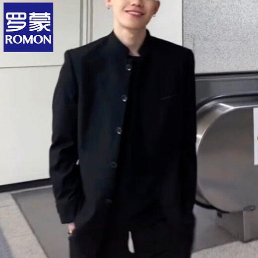 ROMON New Chinese-style tunic men's jacket, stand-up collar jacket for young and middle-aged people, suit, trendy jacket, four-season pass, black (single suit), high quality, ready for sale in seconds, L 115-130Jin Jin is equal to 0.5 kg