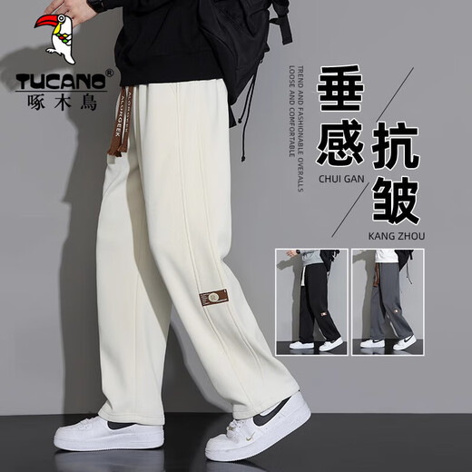 Woodpecker Casual Pants Men's Autumn and Winter Plus Velvet 2025 New Straight Leg Sports Pants Loose Wide Leg Casual Long Pants Khaki XL (Recommended 125-150Jin Jin equals 0.5 kg)