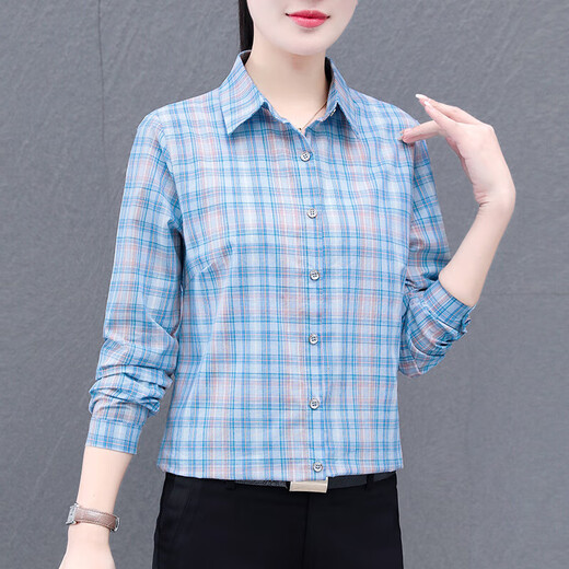 Pure cotton plaid shirt women's spring and autumn new middle-aged mother style long-sleeved temperament lapel slim top light blue 3XL 136-145