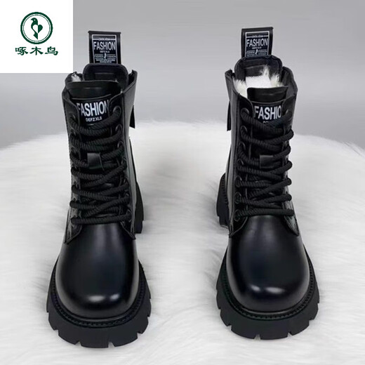 Woodpecker thick-soled Martin boots genuine leather wool boots women's fur integrated new thickened 2025 winter short boots snow boots black thickened cotton imported wool 37