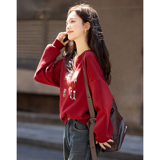 Demana 350G brushed air layer winter warm Korean style round neck embroidered long-sleeved loose sweatshirt women's top