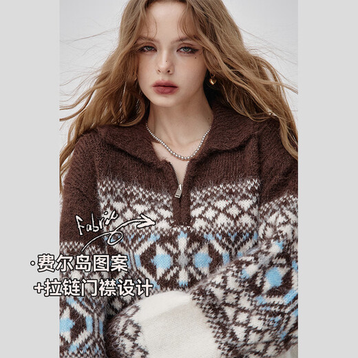 Leprechaun's Pocket Retro Lapel Fair Isle Sweater Women's 2025 Autumn and Winter New Fake Alpaca Lazy Style Top Fair Isle Off-White M