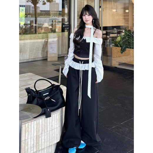Apocalypse Century Black Polka Dot One Shoulder Long Sleeve Top Women's Early Autumn Tube Top Hot Girl Wide Leg Pants Suit Black Suit S 40/45kg